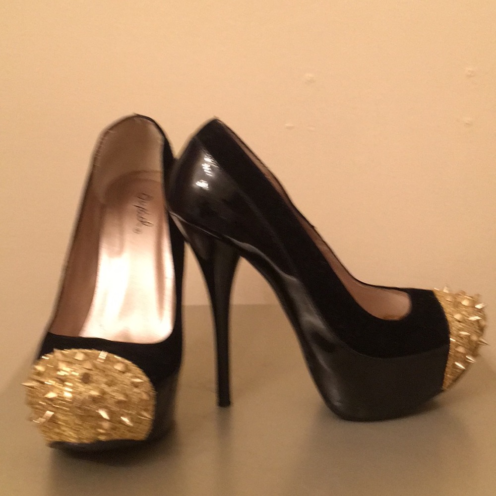 Black Patent Leather & Velvet Spiked High Heels